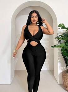 Maweii Combinaison moulante sexy ajourée de couleur unie pour femmes grandes tailles pour l'été - Noir - Voir 2