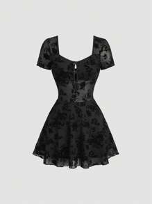 Sweetra 女式新款性感纯植绒网眼镂空蝴蝶装饰短袖透视迷你连衣裙 - 黑色 - 查看 1