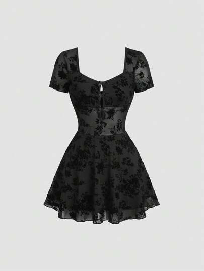 Sweetra Women's New Sensual Pure Flocked Mesh Hollow Butterfly Decor Short Sleeve Sheer Mini Dress