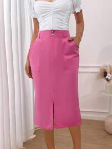 Falda casual de largo medio, sencilla, para uso diario - Rosa Fucsia - Ver 6