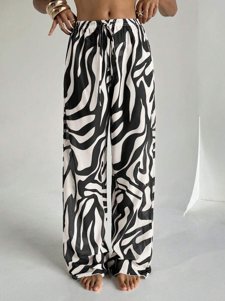 Aloruh Calça Pantalona de Cobertura de Praia de Cintura Baixa com Estampa de Zebra, Comprimento Total, Férias Femininas, Country Concert - Preto e Branco - Visão 5