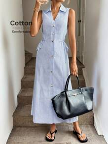 Easowa 女式夏季休闲无袖连衣裙，前开襟，海军蓝和白色条纹航海风格，适合休闲、度假、休闲通勤 - 藍白色 - 查看 6