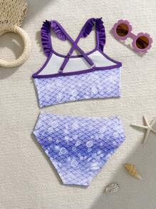 Baddräkt med sjöjungfrumönster och spaghettiband för ung flicka - Multifärgad - Visa 2