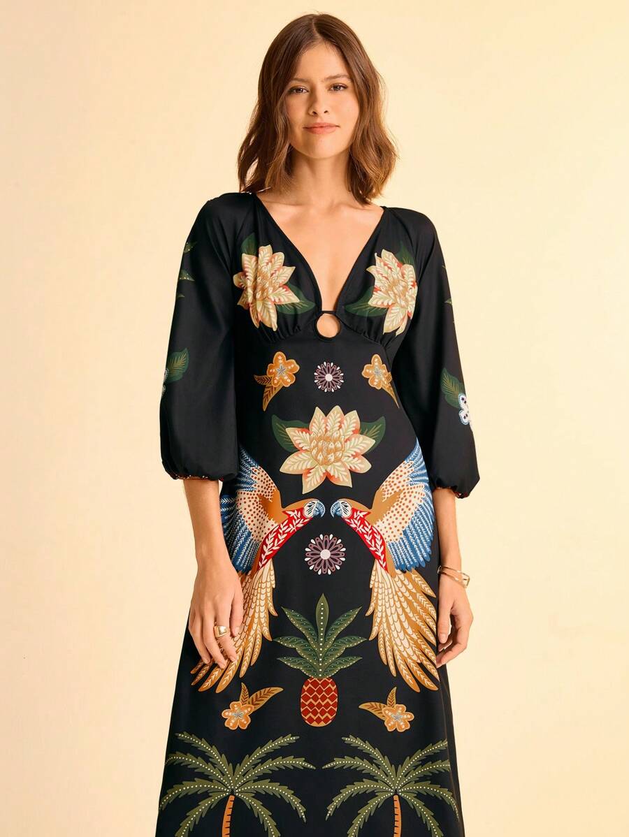 CAJUNI Women's Boho Style Black Background Parrot, Pineapple, Coconut Tree And Tropical Floral Print V-Neck Long Sleeve Hollow Drop & Criss-Cross Back Vacation Maxi Dress
