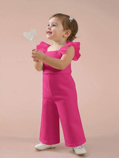 Baby Girls Cute Contrast Organza Ruffle Trim One-Piece Jumpsuit, Watermelon Red, Summer