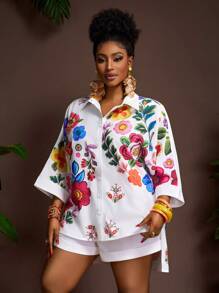 Veslaya Conjunto de 2 piezas de verano para mujer talla grande: blusa de manga dolman con cuello vuelto y estampado floral blanco, y pantalón corto de cintura elástica y pierna ancha. Conjunto de 2 piezas bordado para vacaciones con estampado floral - Blanco - Ver 3