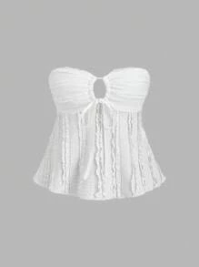 Sweetra 2pcs Textured Fabric Bandeau Top With Pleated Tie Details, Black & White Set