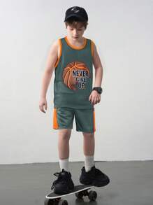 SHEIN Conjunto de 2 piezas con chaleco deportivo holgado y pantalones cortos con contraste para niño preadolescente