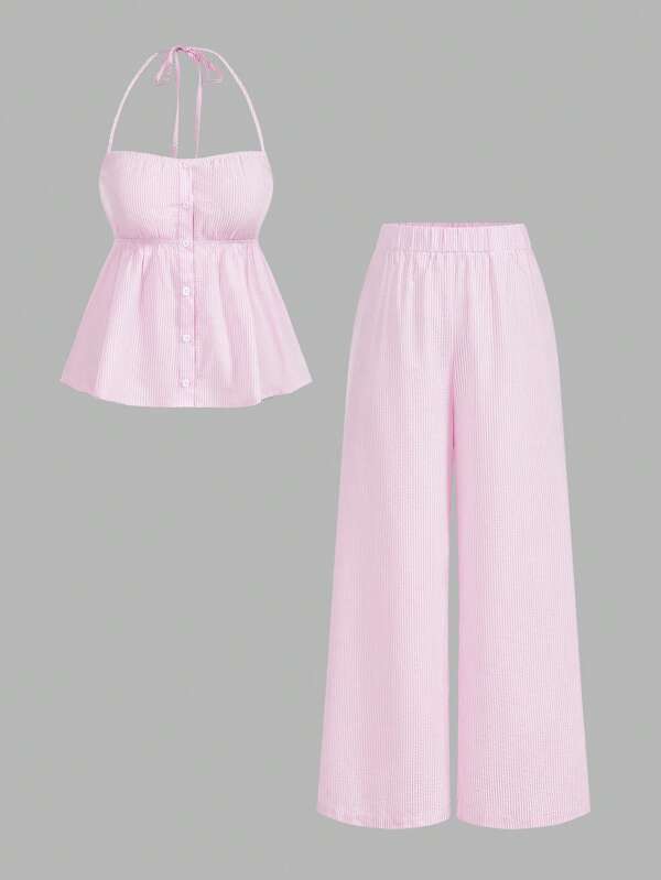 Sweetra 2 Stücke/Set: Gestreifte Crinkle Träger-Top und weite Schlupfhose in Große Größen, Lässig und Alltags Outfit