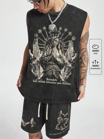Street Life Men's Gothic Virgin Mary Slogan Print Tank Top & Shorts Set, Halloween
