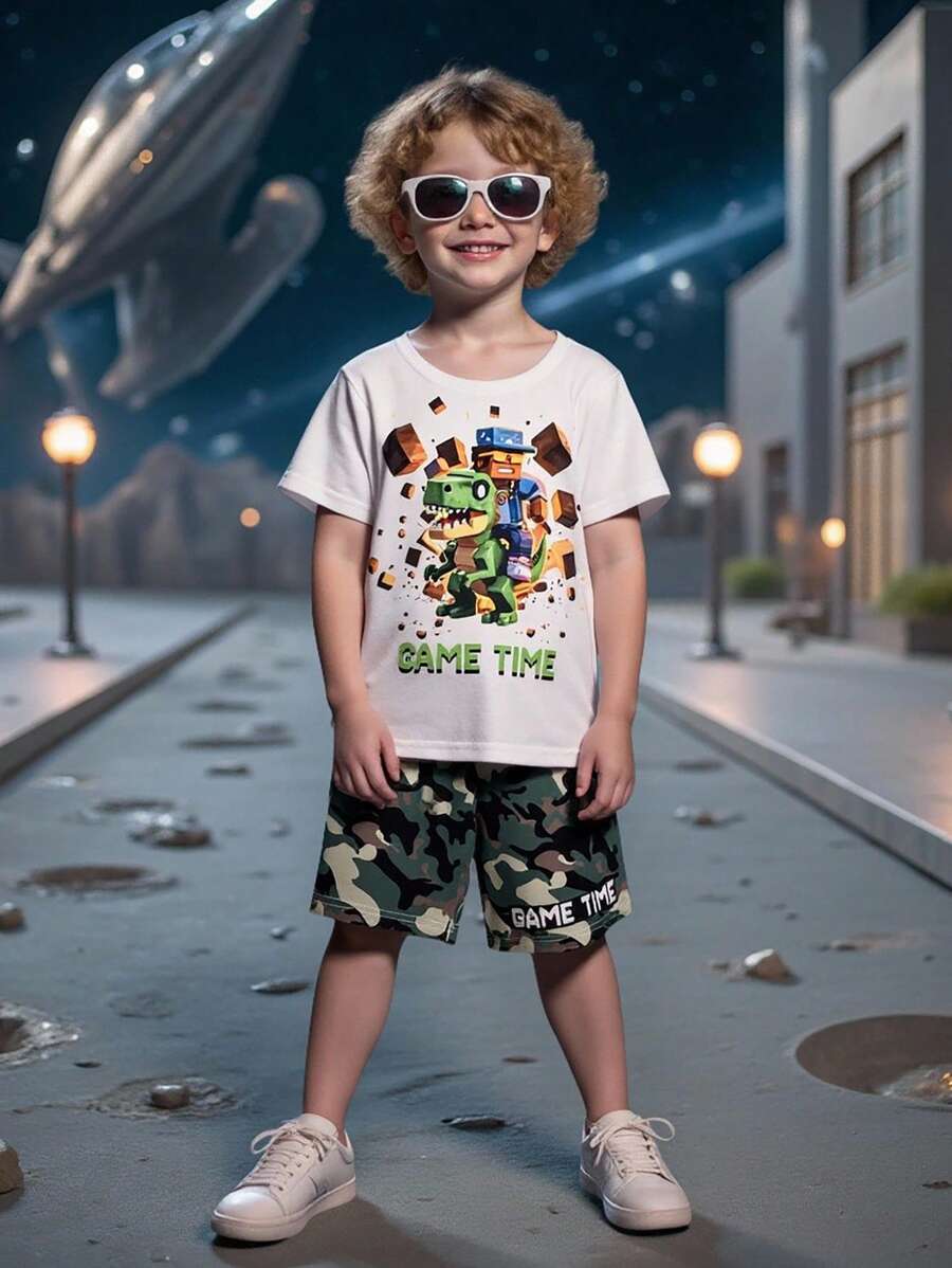 2 sztuki Baby Boy Digital Print Short Sleeve T-shirt & Shorts Set, Polo Collar Digital Striped Tee & Printed Letter Shorts, Casual Summer Kids Outfit For Daily, Holiday, Vacation - Wielokolorowe - Zobacz 1