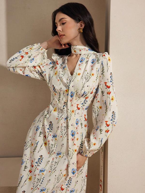 Graceveil Women's Modest V-Neck Waist-Cinched Ditsy Floral Dress