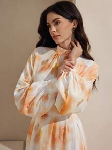 Graceveil Vestido midi de manga larga con cuello alto, cinturón y estampado digital para mujer