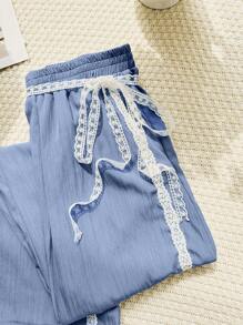 Mulvari Solid Color Contrast Lace Trim Textured Straight Leg Pants For Spring/Summer Fall Cloth For Women - Blue - View 5