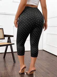 Calvaya Plus Size Women Casual Polka Dot Print Skinny Pants - Black and White - View 2
