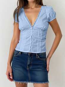 INAWLY Solva Women's Solid Color V-Neck Lace Patchwork Casual Short Sleeve Blouse, Summer