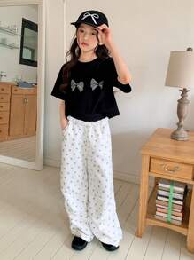 Dazy Kids Tween Girls Graphic Print Round Neck Knit Short Sleeve T-Shirt + Pants 2Pcs Set, Fall Outfit - Black - View 7