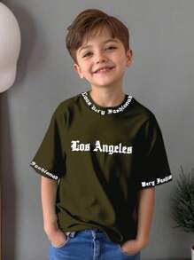 SHEIN BOY Casual Funny English Letter Print Round Neck Short Sleeve T-Shirt, Suitable For Daily Wear, School, Outings, Sports, Spring/Summer Getaway, Holiday, Travel, Relax, Sunbathing, Back To School Season