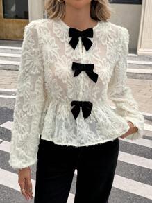 Serisse Áo kiểu nữ mùa thu thanh lịch thắt nơ, màu trơn, tay dài, chất liệu chiffon, họa tiết hoa, kiểu babydoll dệt jacquard, áo mùa thu lãng mạn họa tiết hoa jacquard, áo chiffon mùa thu nhiều màu sắc thắt nơ, áo xếp ly, thích hợp mặc hàng ngày, phong cách Pháp, đi chơi, nghỉ lễ, áo dành cho giáo viên, người giàu có, phụ nữ công sở, áo dự tiệc mùa đông xuân hè. - Màu be - Xem 5