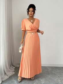 SHEIN Clasi Women's Elegant Coral Peach Summer Brunch Crossover Deep V-Neck Backless Lace-Up Bow Half Sleeve Blouse & Metal Ring Elastic Ruched High-Low Skirt - Orange - View 3