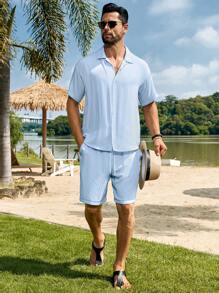 Manfinity Nomadique Men's Casual Bamboo Knit Solid Color Short Sleeve Shirt And Drawstring Waist Pocket Shorts Set, Summer