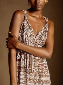 Écloséra 法式复古杏色咖啡碎花竹编细肩带A字连衣裙，女款春夏装，串珠肩带装饰，松紧腰 - 彩色 - 查看 6