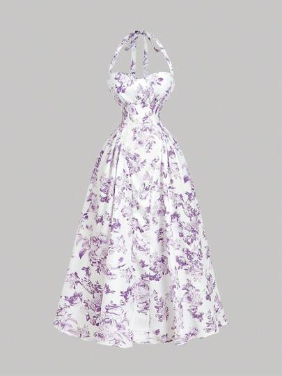 SHEIN MOD Vestido midi romántico de mujer con estampado floral y escote de halter
