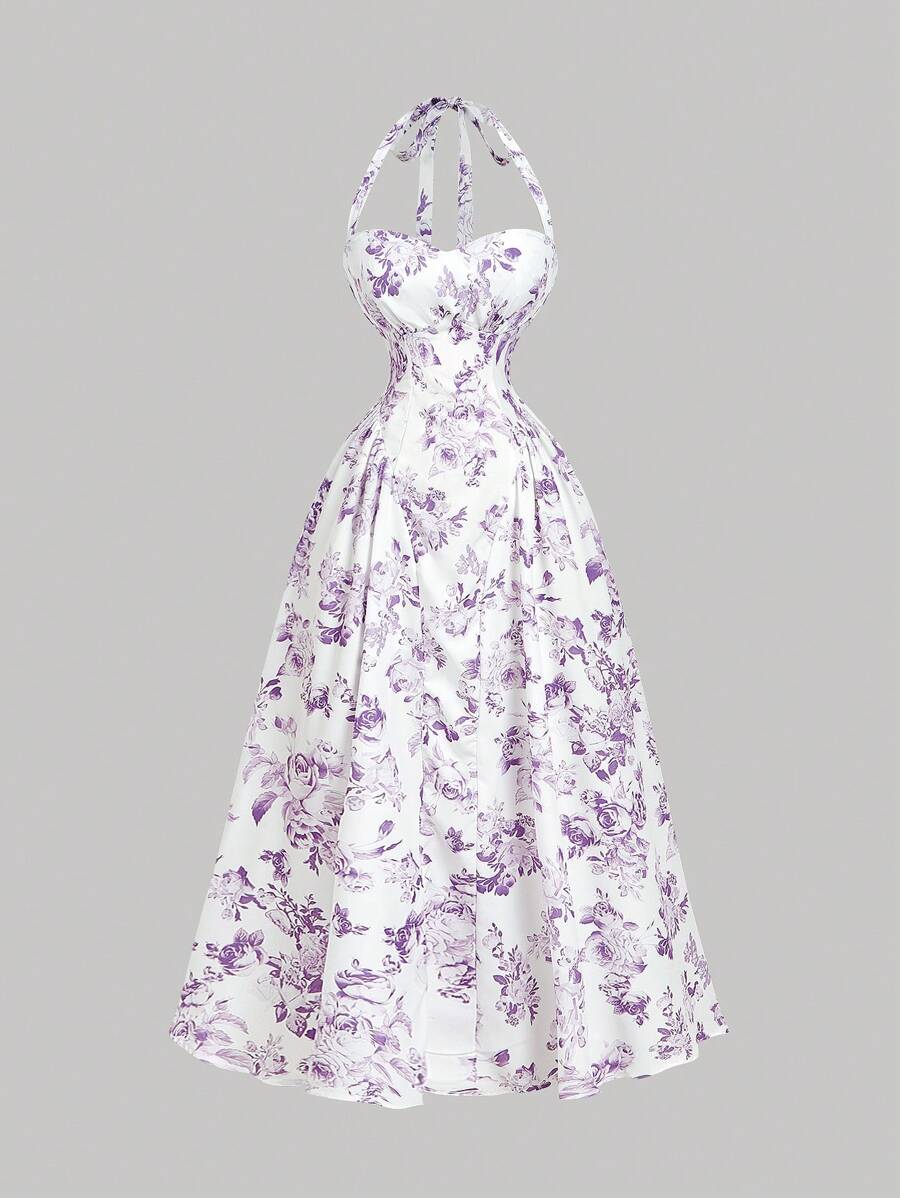 SHEIN MOD 女士浪漫花卉印花露背中长连衣裙 - 紫羅蘭色 - 查看 1