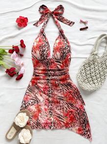 Soleia Abito aderente con scollo a V con stampa animalier e floreale, abito da vacanza, abito da spiaggia, abito da spiaggia con stampa floreale, abito da spiaggia rosso con stampa floreale, può essere indossato dentro o fuori, abito da vacanza per donna