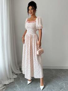 Modelyn French Style Square Neck Puff Sleeve Slimming Chic Women Dress, Summer - Apricot - View 3