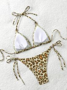 Soleia 2 piezas Conjunto de bikini de mujer con estampado de leopardo, color contrastante y detalles con cuentas, para usar de vacaciones - Multicolor - Ver 2