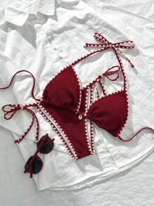 Swim Mod Women's Summer Solid Color Jacquard Fabric Ruffle Edge Adjustable Strap 2 Pieces Bikini Set - Red - View 1