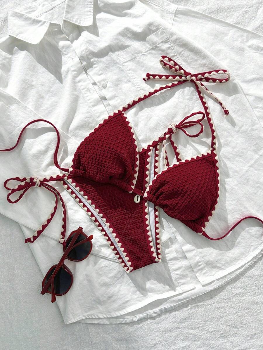 Swim Mod Women's Summer Solid Color Jacquard Fabric Ruffle Edge Adjustable Strap 2 Pieces Bikini Set - Red - View 1