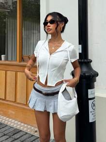 TrendSteals 女士休闲纯色连帽夹克白色罗纹拉链短款连帽夏季上衣针织衫秋冬 - 白色 - 查看 3