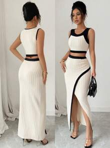 Gloray 2pcs Set Fitted Sexy Round Neck Colorblock Sleeveless Camisole Top & Pleated High Slit Bodycon Skirt - Apricot - View 2