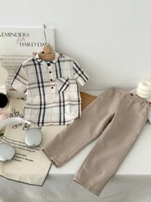 Boys Casual Check Pattern Collar Short Sleeve Henley Shirt And Solid Color Pants Set, Suitable For Commute, School, Daily Wear And Sports, All Seasons - Multicolor - View 6