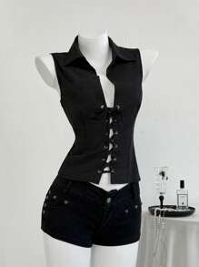 SHEIN Unity Camisa sin mangas con botones y ojales, de unicolor, para verano - Negro - Ver 4