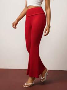 Hanevo Pantaloni a zampa da donna con doppia fascia in vita, stile casual sportivo, di colore rosso - Rosso - Visualizzare 5