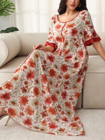 SHEIN Najma 女士优雅印花撞色中长连衣裙，春夏