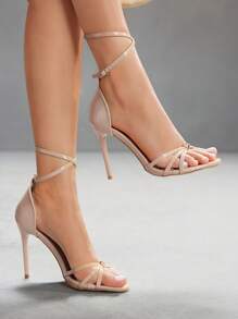 CUCCOO SZL Fashionable Sexy Nude Glossy Material Delicate Strap Combination Ankle Strap Round Toe Thin High Heel Sandals, Suitable For Commuting, Dates, Gatherings, Festivals, Parties, Weddings And Multiple Occasions - Apricot - View 5