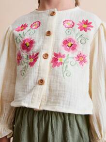 THE HAPPY LOOK Young Girls Embroidered Wooden Button Long Sleeve Shirt And Contrast Color Pants Two Pieces Outfits, Autumn