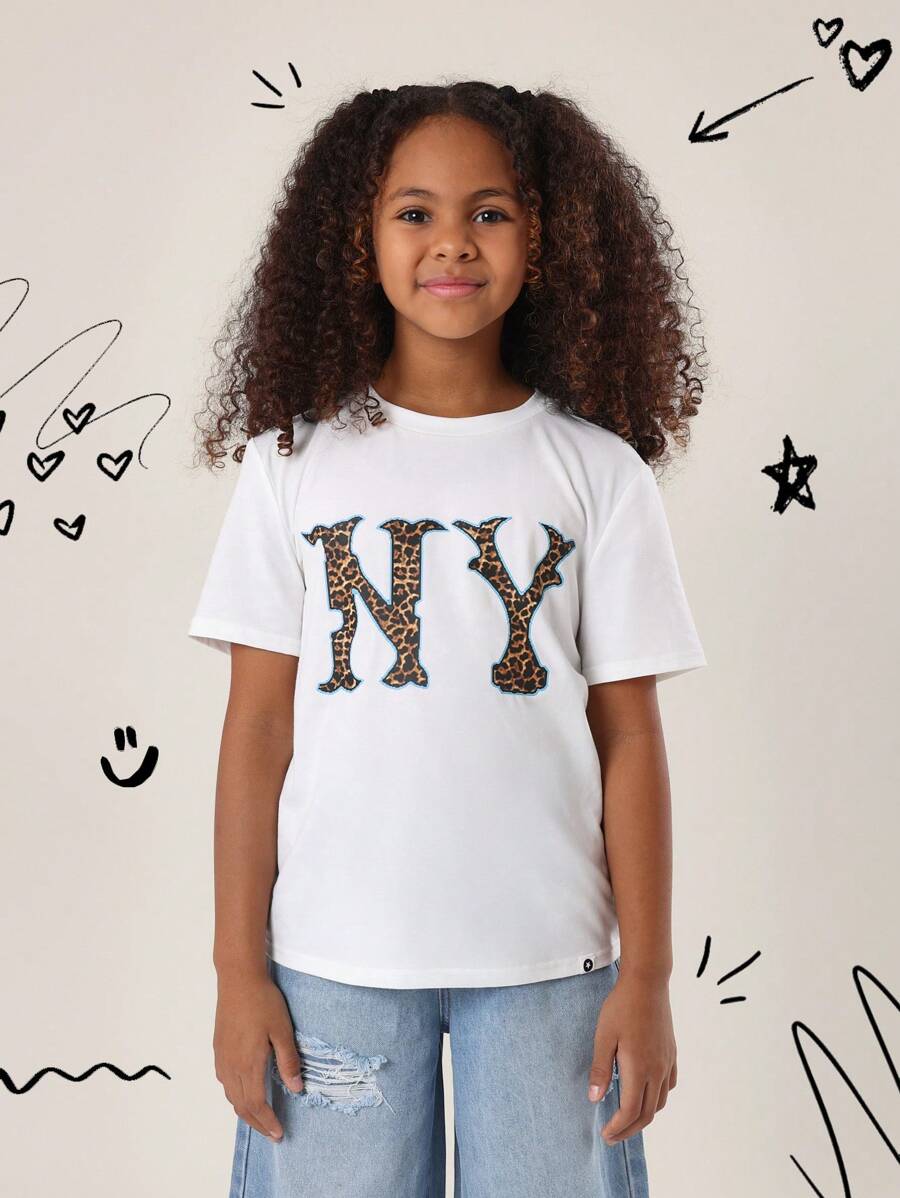 SUMWON 青少年豹纹纽约标志图案短袖T恤休闲夏季青少年时尚街头服饰团队设计 - 白色 - 查看 1