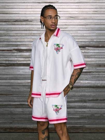 AXEPEAK 2pcs Men's Tropical Print Collared Shirt Set, Premium Quality, Spring & Summer