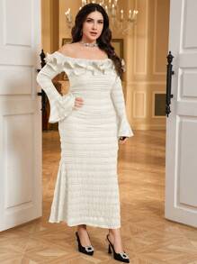 Modelyn Plus Size Women's Solid Color Ruffle Trim Off-Shoulder Bell Sleeve Fitted Elegant Dress - Apricot - View 3