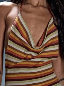 MUSERA Halterneck Cowl Stripe Knit Mini Dress Low Back Summer Sexy Festival Holiday Ibiza Rave Boho Vacation Beach Cover Up Stripe Escapade Fall Date Night, Night Out, Birthday Winter Evening - Multicolor - View 6