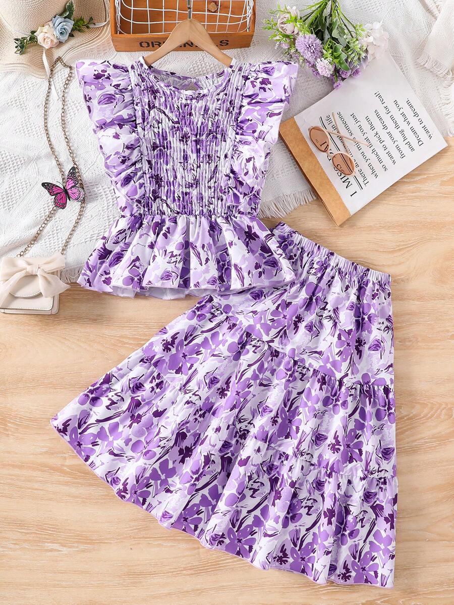 Tween Girls 2pcs Printed Crop Top And Mini Skirt Set - Purple - View 1