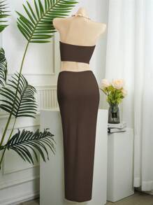 Bonvoyette 女士雪纺夏季泳池派对泳装罩衫，金色海星扣装饰，优质面料 - 咖啡棕 - 查看 3