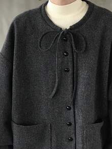 FRIFUL 女士抽绳蝴蝶结宽松纯色外套，秋冬女式外套 - 深灰色 - 查看 6