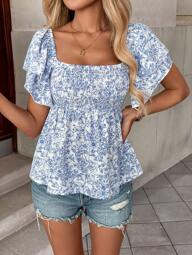 Pariaura Women's Floral Print Ruffle Hem Short Sleeve Vacation Fashion Blouse