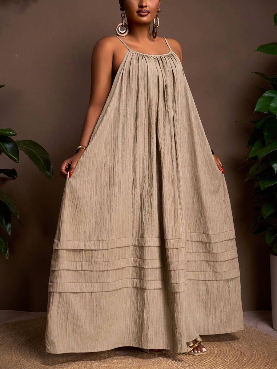 Veslaya Vestido holgado de color albaricoque con tirantes sin mangas, con bolsillos, dobladillo con volantes en capas, tela con textura tejida, vestido de talla grande - F, nueva colección Primavera/Verano 2025